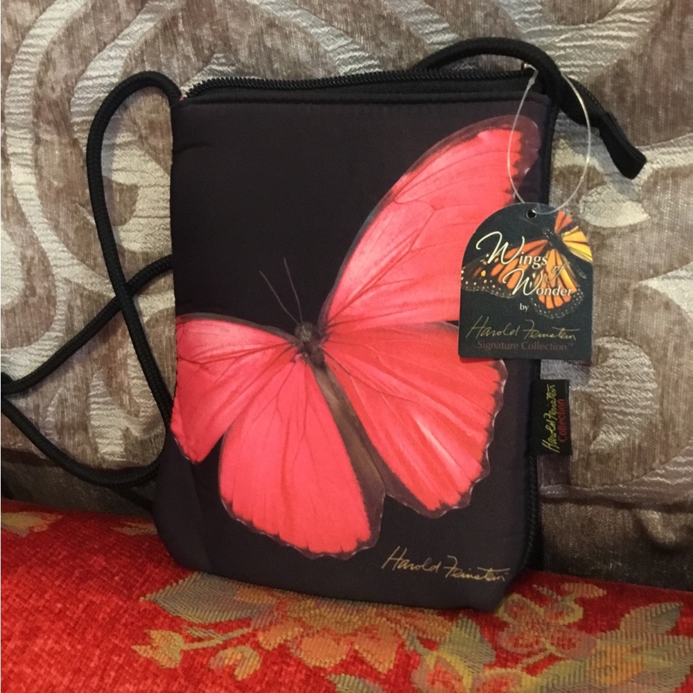 Harveys Signature Black Crossbody Bag with Pink Butterfly